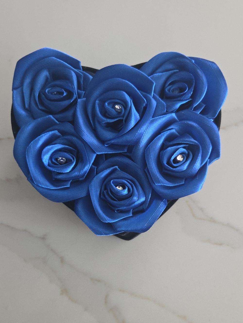 Blue Satin Rose Heart Box - Decorative Floral Accent